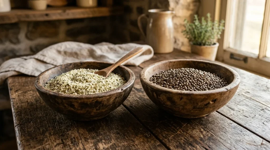 Two wooden bowls of hemp hearts and whole hemp seeds on rustic wooden table