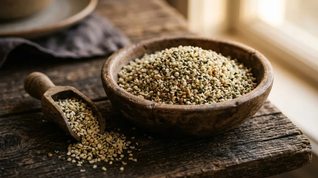 Wooden bowl of organic hemp hearts with a scoop spilling seeds on rustic wooden table