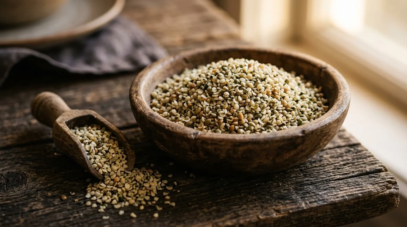 Wooden bowl of organic hemp hearts with a scoop spilling seeds on rustic wooden table