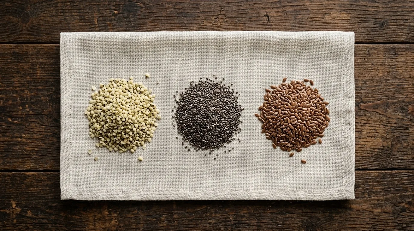 Three piles of seeds on linen napkin — hemp hearts, chia seeds, and flax seeds comparison