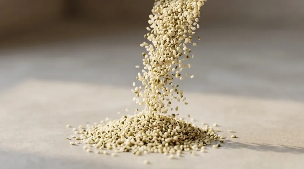 Stream of organic hemp hearts falling onto a pile on a clean light surface