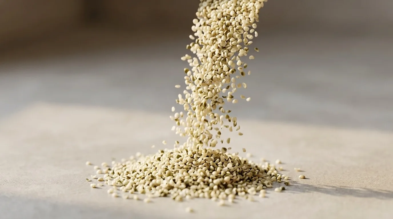 Stream of organic hemp hearts falling onto a pile on a clean light surface