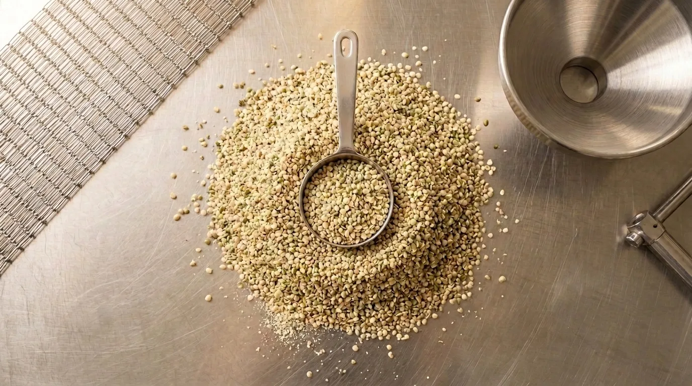 Hemp hearts on a stainless steel surface with measuring scoop