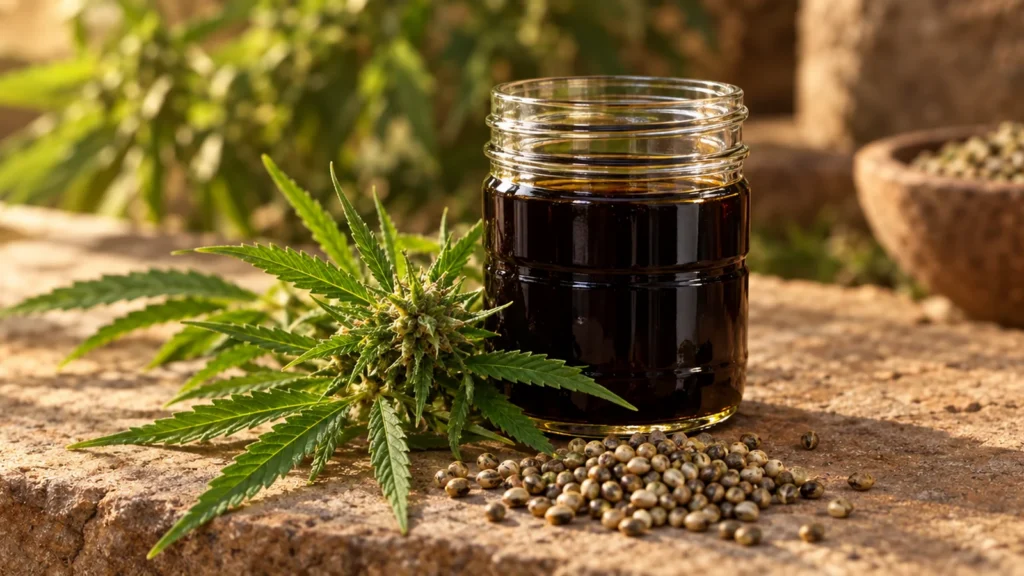 Organic cold-pressed hemp seed oil with hemp stalk and seeds from the farm