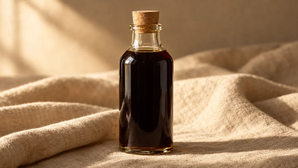 Cold-pressed organic hemp seed oil bottle on natural linen fabric