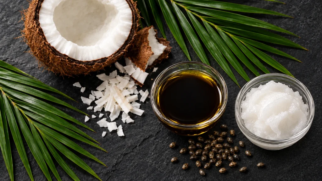Cold-pressed hemp seed oil and coconut oil in glass bowls with coconut and palm leaves