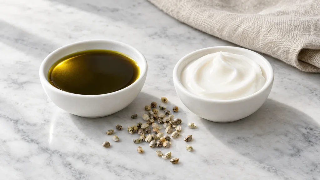 Two ceramic dishes with cold-pressed hemp seed oil and a cream base on marble, with hulled hemp seeds