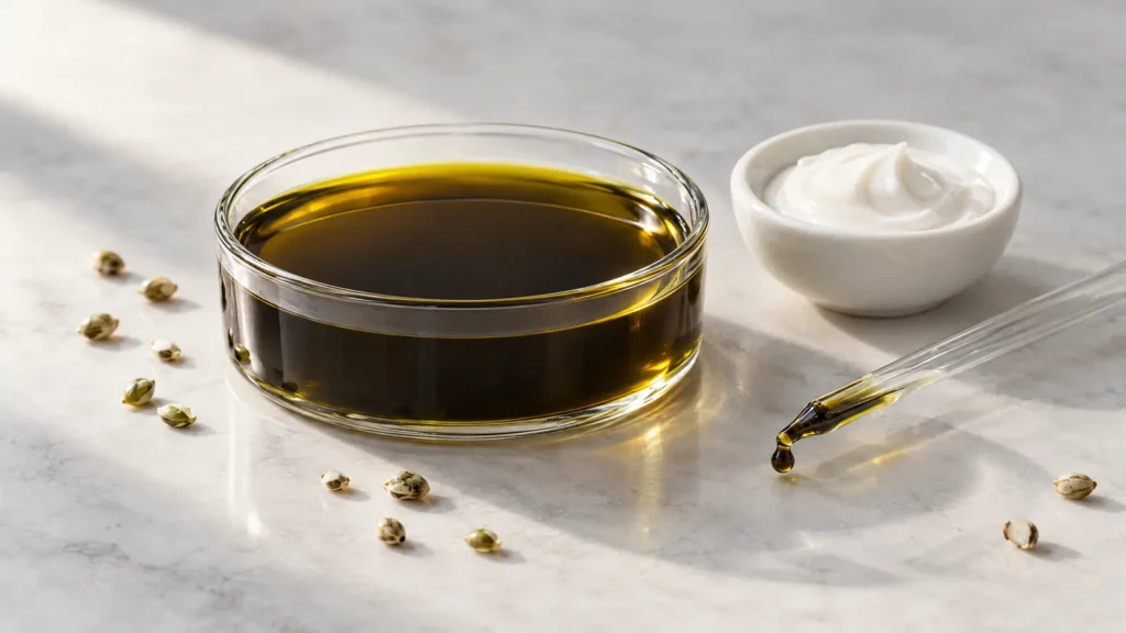 Cold-pressed hemp seed oil in a laboratory dish next to a cosmetic cream sample