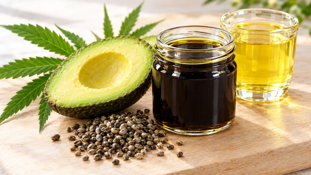 Cold-pressed hemp seed oil in a glass jar with hemp seeds and a halved avocado beside golden avocado oil